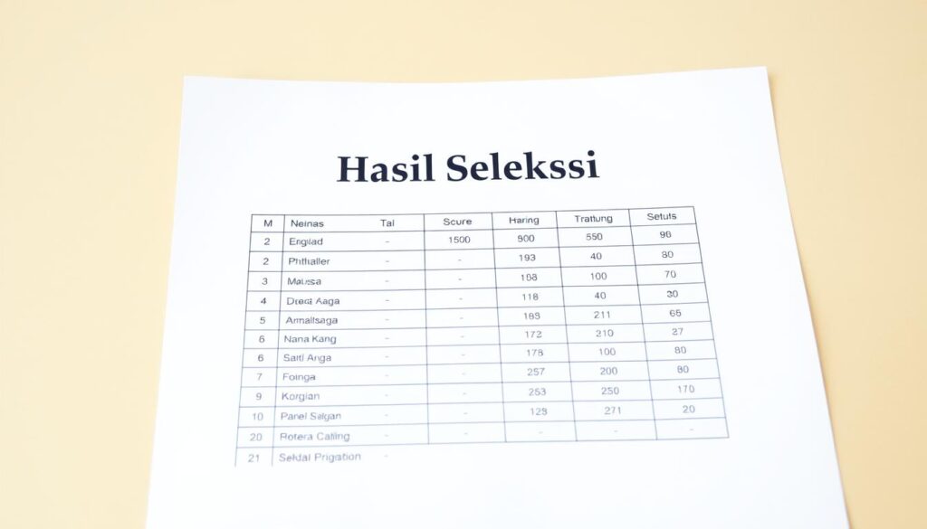 A crisp, well-lit document displaying the results of a selective process, with a clean and professional layout. The page features a prominent title "Hasil Seleksi" centered at the top, followed by a neatly organized table or list detailing the names, scores, and statuses of the applicants. The background is a warm, neutral tone, providing a pleasant, focused environment for the important information. The overall composition conveys a sense of transparency, fairness, and attention to detail, reflecting the care and diligence of the selection process.