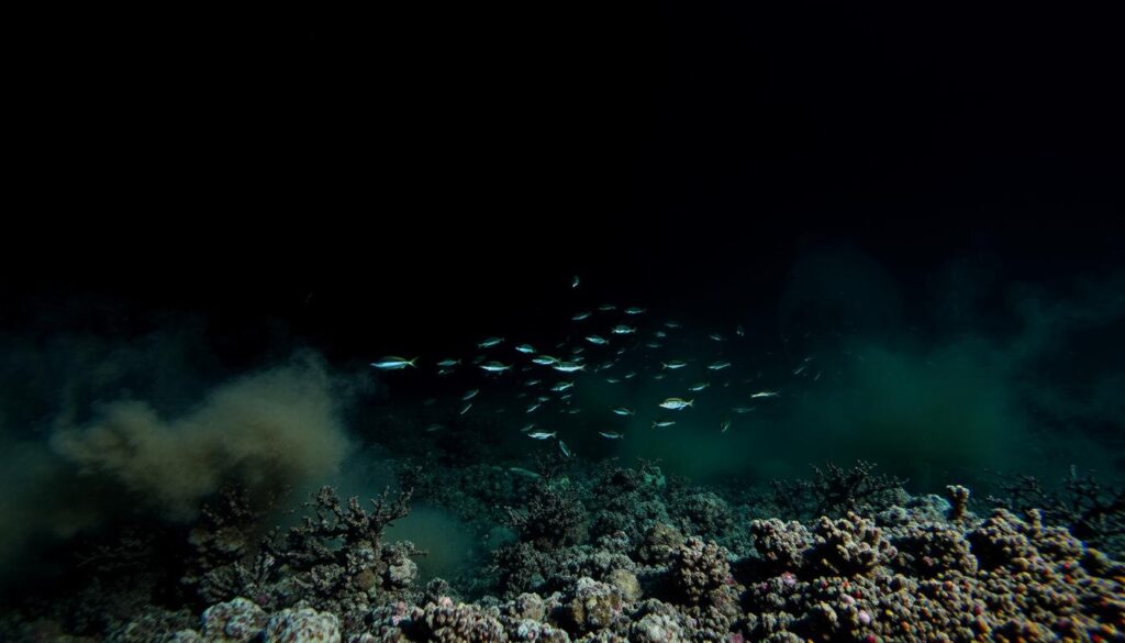 A dark and ominous underwater scene, with a diverse array of benthic organisms facing threats from pollution, sedimentation, and human activities. In the foreground, a fragile coral reef is partially obscured by a plume of murky sediment, while in the middle ground, a schools of small fish dart away, evading the encroaching danger. In the background, the silhouettes of larger predators lurk, their presence a foreboding reminder of the delicate balance of the benthic ecosystem. The lighting is low and dramatic, casting long shadows and creating a sense of tension and foreboding. The camera angle is slightly low, accentuating the imposing scale of the threat to the benthos below.
