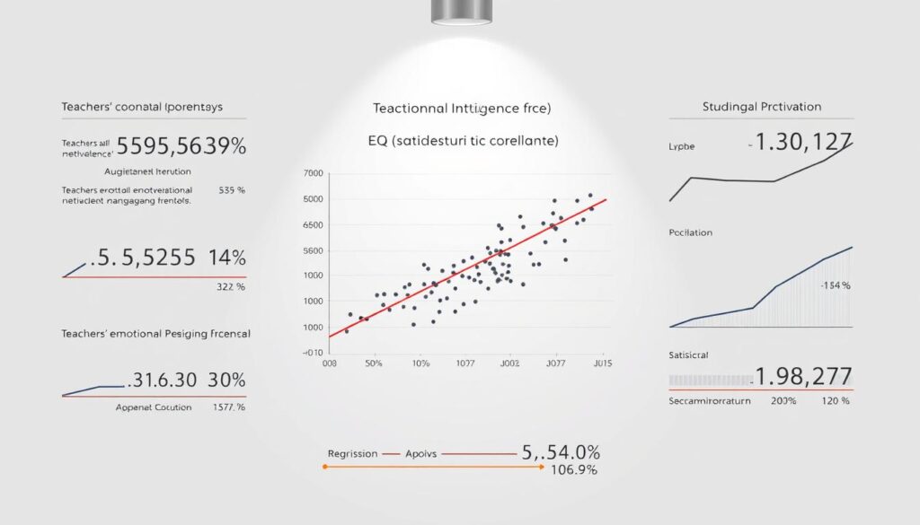 A detailed statistical data visualization depicting the significant relationship between teachers' emotional intelligence (EQ) and student motivation. The central focus is a scatterplot graph showcasing the positive correlation, surrounded by supporting analytics such as correlation coefficients, regression lines, and statistical significance indicators. The visualization is rendered in a clean, minimalist style with a neutral color palette, allowing the data to take center stage. Soft lighting from above casts subtle shadows, enhancing the sense of depth and three-dimensionality. The overall tone is one of scientific rigor and empirical analysis, fitting the academic nature of the research article.