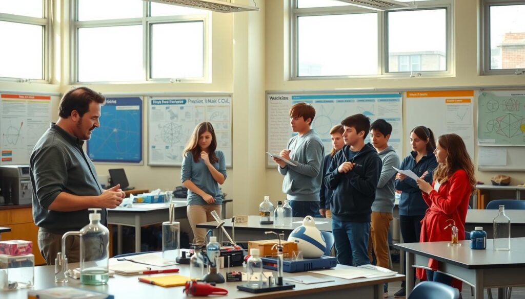 A high-school physics classroom, well-lit with natural sunlight from large windows. In the foreground, a teacher stands next to a table with various scientific equipment and materials, demonstrating an experiment to a group of attentive students. The students lean in, observing the process with keen interest. In the middle ground, additional students take notes and discuss the demonstration, engaged in the learning experience. The background depicts educational posters, diagrams, and scientific models, creating an environment conducive to effective physics education. The scene conveys a sense of active learning, curiosity, and the supportive factors that enable a successful demonstration-based teaching method.