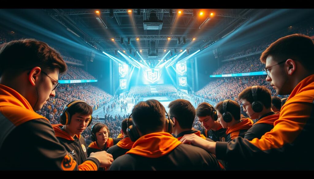 A high-stakes esports showdown, captured in a dramatic wide-angle frame. On the foreground, the team members huddle, faces intense with focus, strategizing their next move. Their gaming gear and uniforms pop with vivid colors, hinting at their fierce competitive spirit. In the middle ground, the arena's spectator stands loom, filled with a sea of cheering fans, their excitement palpable. The background showcases the grand stage, bathed in dramatic lighting that casts dynamic shadows, elevating the sense of spectacle and high-stakes tension. An immersive, cinematic perspective that conveys the essence of strategic teamplay in the world of professional esports.