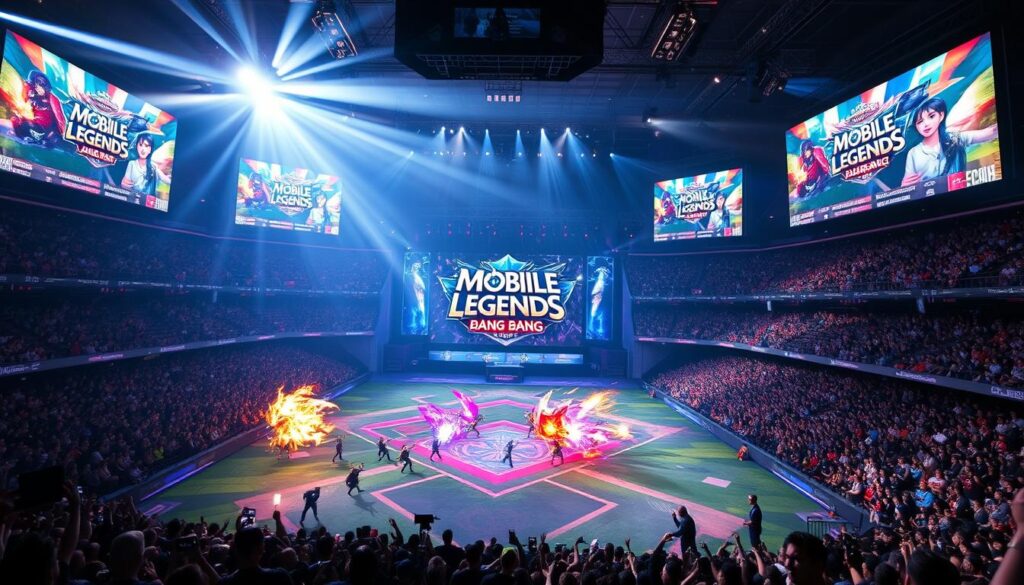 A massive esports stadium, bathed in vibrant lighting and filled with a roaring crowd. In the foreground, players from the Mobile Legends: Bang Bang tournament clash on a vast digital battlefield, their characters' vibrant abilities clashing in a dazzling display. The middle ground showcases the tournament's branding and logos, hinting at the high-stakes competition. In the background, towering screens display live match feeds, commentary, and player profiles, immersing the viewer in the electrifying atmosphere of this premier esports event. The scene conveys the energy, skill, and spectacle of the Mobile Legends tournament, capturing the essence of this thrilling esports experience.