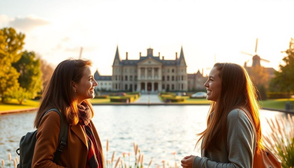 A prestigious joint scholarship program set against a serene Dutch landscape. In the foreground, two students engage in animated discussion, their faces aglow with intellectual curiosity. The middle ground features a grand, historic university building, its stately architecture exuding an air of tradition and academic excellence. In the background, windmills dot the horizon, a quintessential symbol of the Netherlands. Warm, golden lighting casts a soft, contemplative glow over the entire scene, evoking a sense of opportunity, ambition, and the pursuit of knowledge.