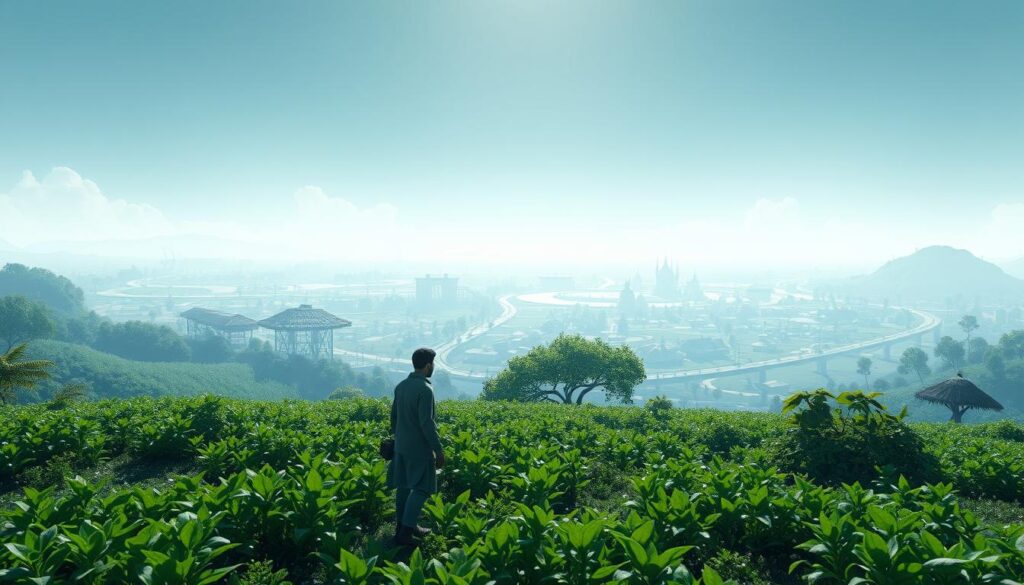 A serene digital landscape, bathed in soft, diffused lighting. In the foreground, two figures - Rayyan and Aura - are engaged in a peaceful farming activity, their movements in perfect harmony. Verdant crops and lush foliage surround them, creating a sense of tranquility and connection with the natural world. In the middle ground, a sprawling digital community unfolds, with structures and pathways that seamlessly integrate technology and nature. The background features a vast, ethereal sky, hinting at the boundless possibilities of the digital realm. The overall mood is one of balance, collaboration, and a deep appreciation for the harmony that can be achieved in the digital social sphere.