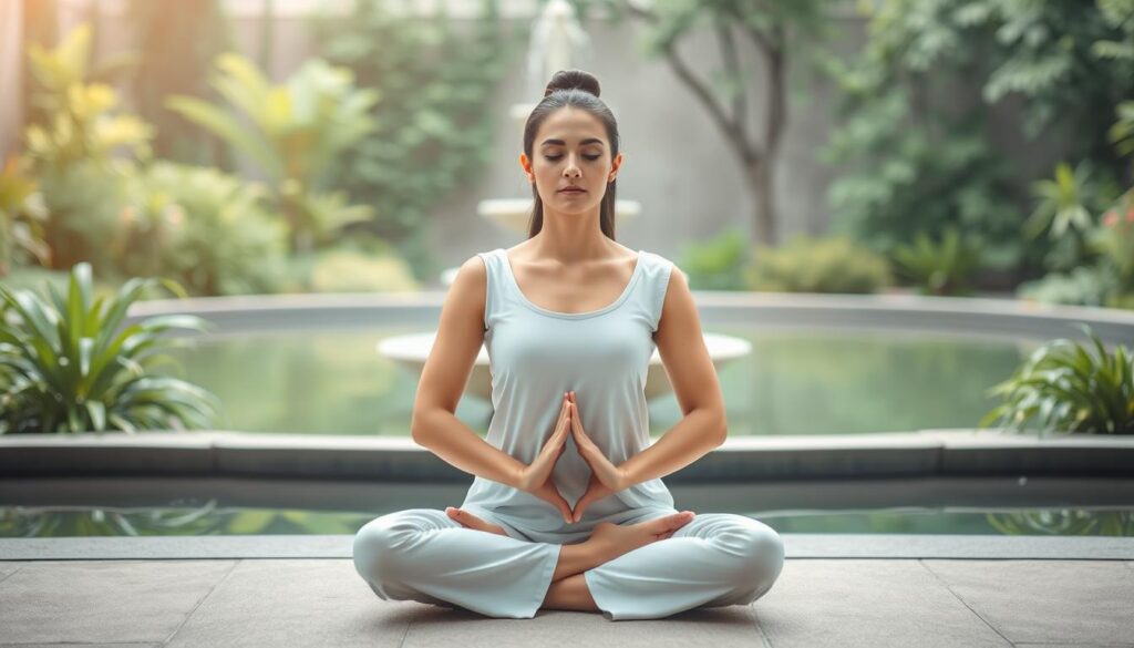 A serene figure sitting cross-legged, radiating inner peace and balance. The background is a tranquil garden with lush greenery and a calming water feature. Soft, diffused lighting creates a contemplative atmosphere. The subject's expression is one of mindfulness and self-control, their gaze inward, hands resting peacefully in their lap. The overall scene conveys the essence of self-discipline, emotional regulation, and spiritual harmony - the hallmarks of someone with strong self-control.
