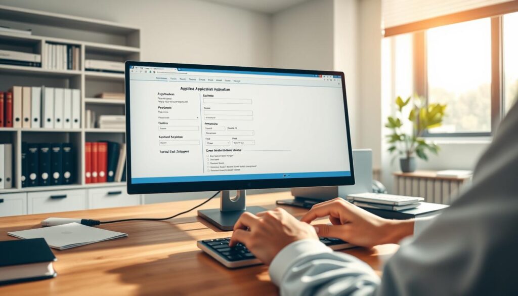 A serene, well-lit office setting with a large desk and computer workstation. On the desktop, an online application form is displayed, with fields for personal information, educational background, and scholarship requirements. In the foreground, a person's hands are typing on the keyboard, navigating the application interface. Shelves of books and administrative files line the walls, creating a professional, academic atmosphere. Soft natural lighting filters in through a window, casting a warm glow on the scene. The overall mood is one of focus, efficiency, and the earnest pursuit of educational opportunity.