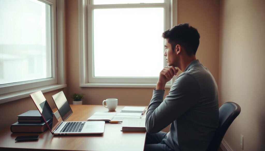 A tranquil study nook, bathed in soft, diffused lighting from a large window. On the desk, a laptop, open books, and a cup of coffee, signifying focused, diligent preparation. In the foreground, a person sitting at the desk, deep in thought, contemplating strategies for a scholarship application. The room's warm, muted tones and minimalist decor create a calming, introspective atmosphere, conducive to the careful planning and attention to detail required for a successful scholarship submission.