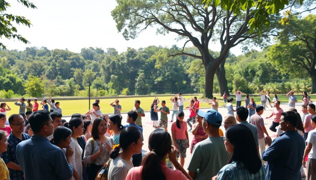 A vibrant, positive community gathering in a sun-drenched public square. In the foreground, a diverse group of people engage in animated conversation, their expressions reflecting warmth and camaraderie. In the middle ground, individuals practice mindfulness exercises, their bodies moving in graceful, controlled motions. The background depicts a lush, verdant landscape, with towering trees casting dappled shadows across the scene. The overall atmosphere is one of serenity, self-control, and social harmony, capturing the essence of "Kontrol Diri dan Tindakan Sosial".