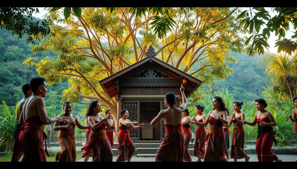 A vibrant scene of local Indonesian culture, set against the lush, verdant backdrop of a rural village. In the foreground, a group of villagers dressed in traditional sarongs and batik attire engage in a lively dance, their movements graceful and synchronised. The middle ground reveals a quaint, wooden structure with intricately carved details, surrounded by a cluster of fruit-bearing trees and swaying bamboo. Warm, golden sunlight filters through the canopy, casting a soft, inviting glow over the entire scene. The atmosphere exudes a sense of community, tradition, and a deep connection to the land. Captured with a wide-angle lens to showcase the depth and richness of this local cultural tapestry.