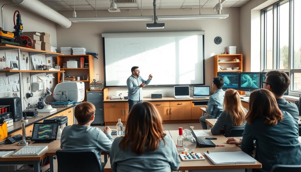 A well-equipped physics laboratory with various scientific instruments and apparatus. In the foreground, a teacher demonstrates an experiment using a digital projector and interactive whiteboard, captivating the attention of a group of high school students. The middle ground features a variety of physics learning media, such as scale models, diagrams, and interactive simulations displayed on computer screens. The background showcases a modern, well-lit classroom setting with large windows allowing natural light to flood the space, creating a warm and stimulating environment for effective physics learning. The scene conveys a sense of discovery, engagement, and the transformative power of technology-enhanced physics demonstrations.