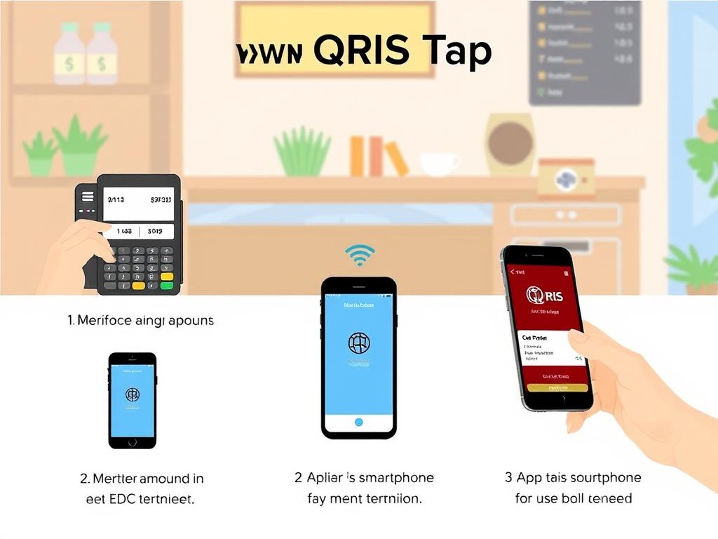 Ilustrasi cara kerja QRIS Tap dengan teknologi NFC pada smartphone dan mesin EDC Ilustrasi cara kerja QRIS Tap dengan teknologi NFC pada smartphone dan mesin EDC