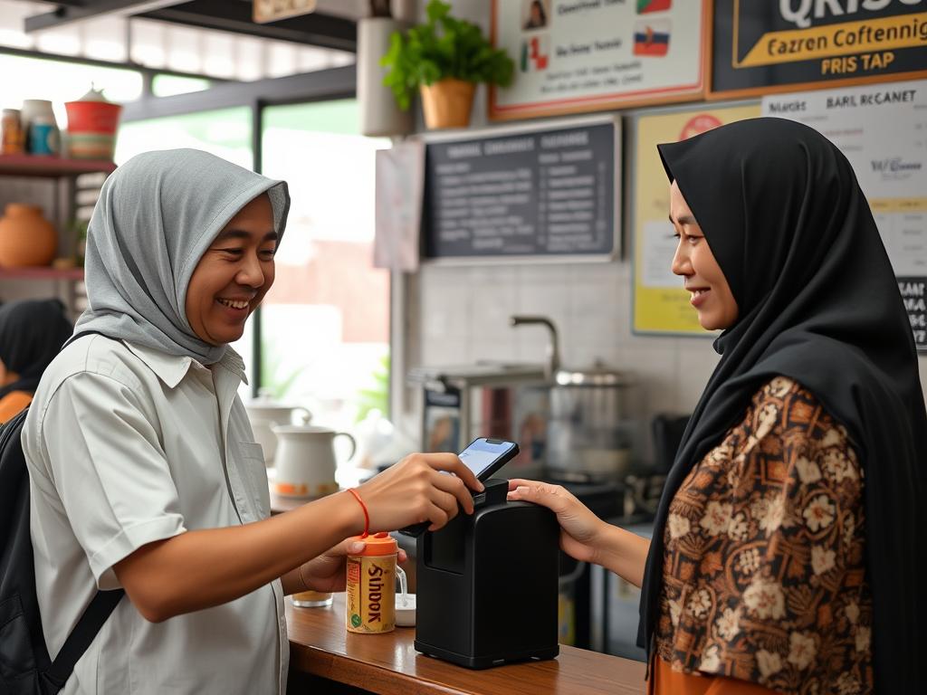 Pelanggan melakukan pembayaran dengan QRIS Tap di sebuah kafe UMKM Pelanggan melakukan pembayaran dengan QRIS Tap di sebuah kafe UMKM