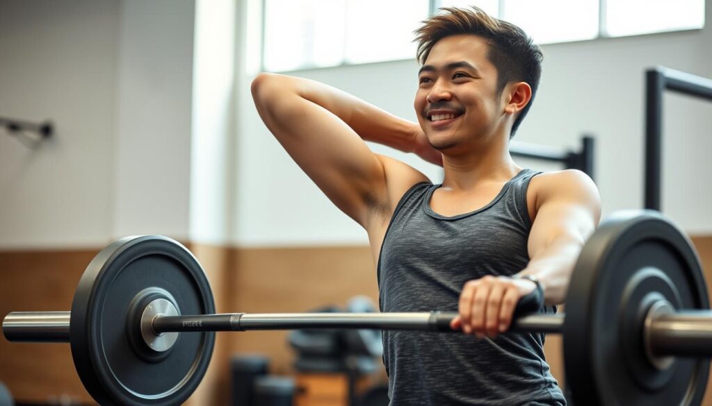 Seorang pemula melakukan latihan CrossFit ringan dengan teknik yang benar dan ekspresi percaya diri Seorang pemula melakukan latihan CrossFit ringan dengan teknik yang benar dan ekspresi percaya diri