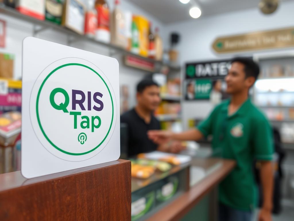 Stiker QRIS Tap yang dipasang di kasir sebuah toko UMKM Stiker QRIS Tap yang dipasang di kasir sebuah toko UMKM
