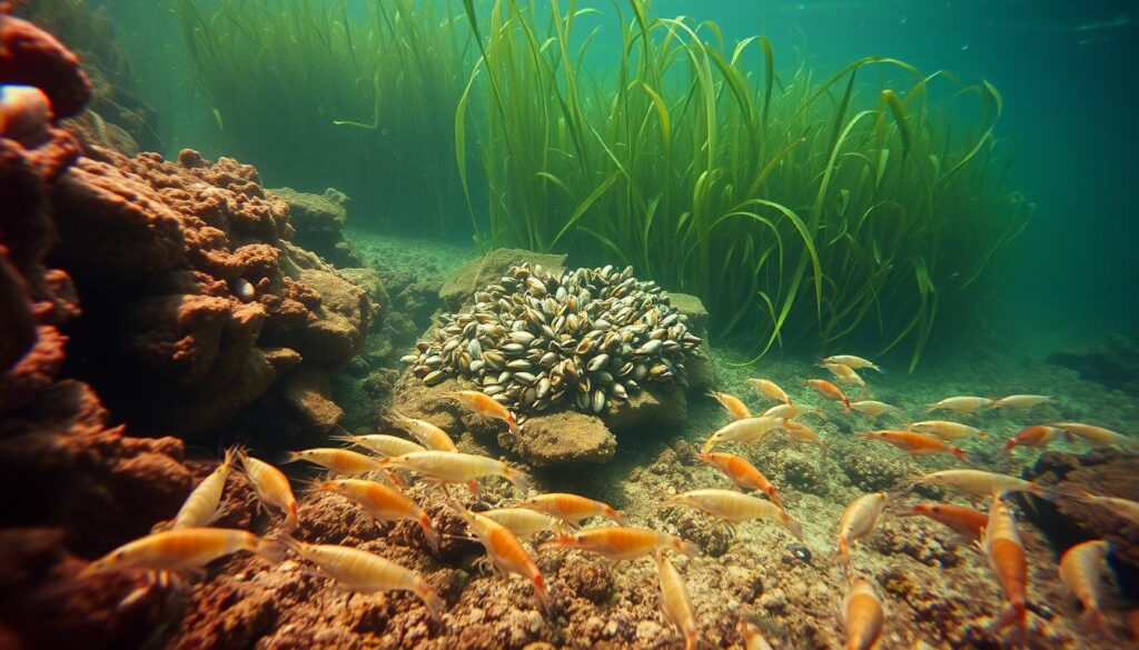 Underwater seascape showcasing a variety of edible benthos. In the foreground, a school of shrimp scurry across the seafloor, their translucent bodies catching the soft, diffused light filtering down from the surface. In the middle ground, clusters of mussels and oysters cling to submerged rocks, their shells glistening with moisture. Further back, a dense thicket of seaweed sways gently, providing a lush, verdant backdrop. The scene is illuminated by a warm, golden glow, conveying a sense of abundance and the potential for these benthic organisms to serve as a sustainable food source. Captured through a wide-angle lens to emphasize the depth and richness of this marine ecosystem.