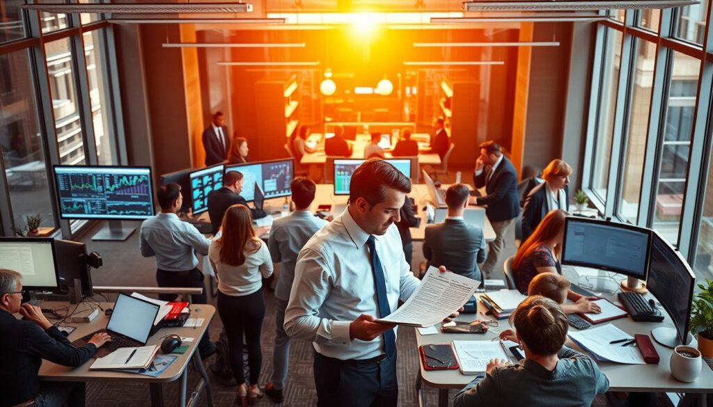 A bustling office scene, illuminated by warm, natural lighting from large windows. In the foreground, a group of professionals in business attire engaged in animated discussions, surrounded by desks, computers, and financial documents. In the middle ground, an accountant carefully reviewing ledgers, while financial analysts pore over data-filled screens. In the background, a sleek, modern conference room where executives deliberate strategic decisions. The atmosphere conveys a sense of productivity, collaboration, and the high-stakes world of finance and accounting careers.