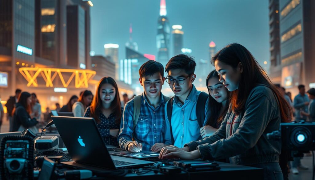 A bustling tech campus with a futuristic skyline in the background. In the foreground, a group of students collaborating on a cutting-edge computer project, their faces alight with excitement. The middle ground features a diverse array of innovative technology, from sleek laptops to cutting-edge robotics. Soft, warm lighting illuminates the scene, creating a sense of energy and possibility. The atmosphere conveys the interdisciplinary nature of the "jurusan lintas bidang teknologi komputer" program, where students from various backgrounds come together to tackle the challenges of the digital age.
