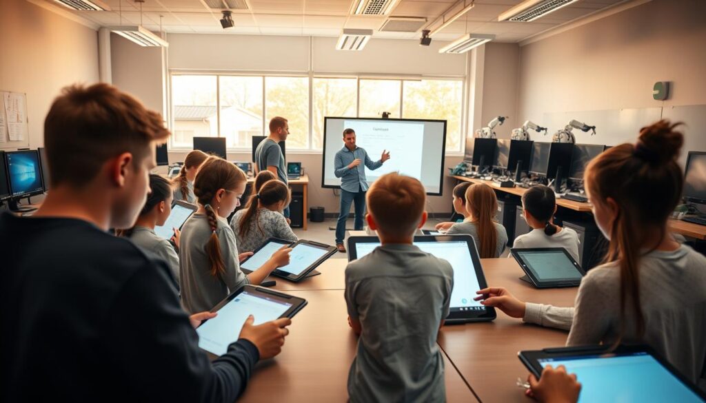 A classroom scene with students and teachers actively engaging with various digital devices and technologies. In the foreground, a group of students collaboratively working on tablets, their faces illuminated by the soft glow of the screens. In the middle ground, a teacher stands at the front of the class, using a large interactive whiteboard to illustrate a lesson. The background showcases a well-equipped technology lab, with rows of modern computers and robotic equipment. Warm, natural lighting filters in through large windows, creating a welcoming and productive atmosphere. The overall scene conveys the seamless integration of technology into the learning environment, fostering a dynamic and engaging educational experience.