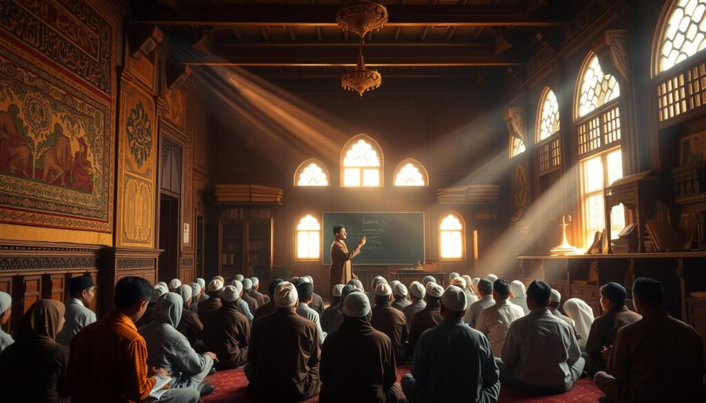 A dimly lit, ornate interior of a traditional pesantren (Islamic boarding school) classroom. In the foreground, a group of students in traditional Islamic garb sit cross-legged on the floor, engaged in lively discussion. Intricate wooden carvings and ornate tapestries adorn the walls, casting a warm, contemplative atmosphere. In the middle ground, a revered teacher in flowing robes stands before a chalkboard, gesturing as he explains a complex concept. Shafts of golden light stream in through tall, arched windows, illuminating the scene. The background is hazy, with shelves of ancient texts and scrolls lining the walls, hinting at the weight of tradition and the challenges of modernizing the pesantren curriculum.