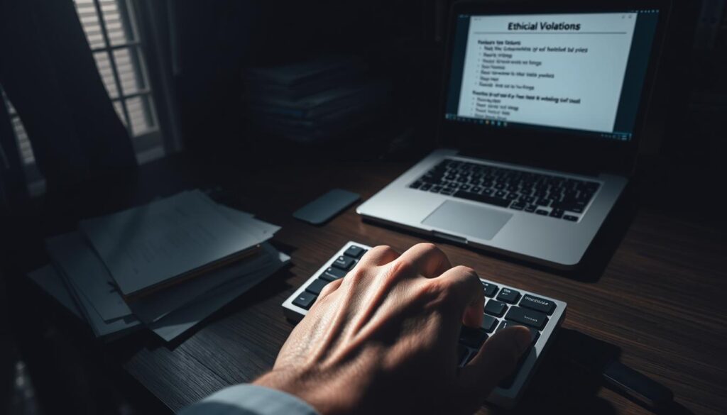 A dimly lit professional office, the atmosphere heavy with tension. On the desk, a pile of documents and a laptop, its screen displaying a list of violations. In the foreground, a hand hovers over the keyboard, the fingers poised to document another breach of ethical conduct. The lighting casts long shadows, creating a sense of unease and the weight of responsibility. The scene conveys the seriousness of the situation, the need to thoroughly investigate and record any signs of ethical transgressions within the profession.