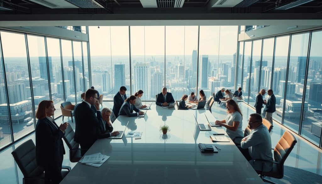 A large, modern corporate office with an open layout and glass walls, showcasing a bustling hub of managerial activity. In the foreground, executives gather around a long conference table, engaged in an animated discussion. Soft, directional lighting illuminates the scene, casting strategic shadows and highlighting the polished surfaces. In the middle ground, teams of professionals collaborate at their desks, laptops open and papers strewn about, illustrating the strategic decision-making processes at play. The background features a panoramic view of a bustling cityscape, underscoring the company's position at the heart of the commercial landscape. The overall atmosphere conveys a sense of professionalism, efficiency, and forward-thinking innovation.