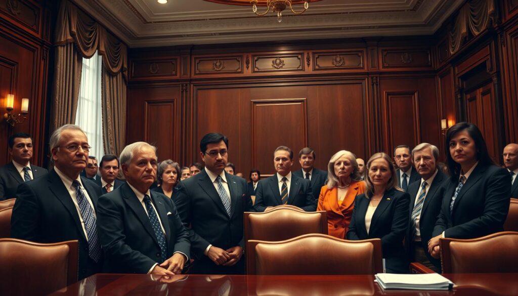 A solemn, dignified gathering of individuals in professional attire, representing various organizations, convening in a grand, well-lit conference room. Ornate wooden furniture and elegant curtains suggest an atmosphere of authority and importance. Serious expressions on their faces as they deliberate, reflecting the gravity of their task - upholding the ethical standards of their respective professions. Soft, directional lighting casts warm, subtle shadows, creating a sense of contemplation and resolve. The scene evokes a sense of responsibility and commitment to the integrity of their fields, with the aim of ensuring ethical practices and safeguarding public trust.