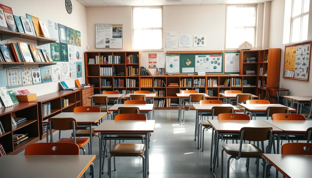 A well-organized classroom setting, with neatly arranged desks and chairs, showcasing a variety of learning materials on the shelves. The walls are adorned with vibrant educational posters and diagrams, creating a stimulating and engaging environment. Soft, diffused lighting filters through the windows, casting a warm and inviting glow throughout the room. The scene conveys a sense of intellectual exploration and academic focus, perfectly suited to illustrate the "Keahlian kunci dan mata kuliah yang menunjang karier" section of the article.