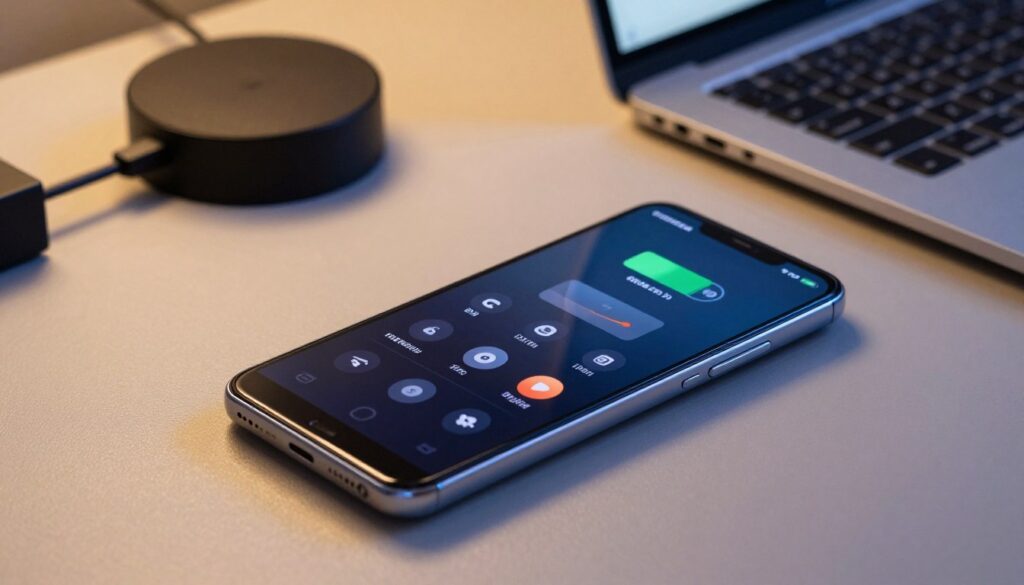 A close-up view of a modern smartphone, specifically the TECNO Camon 30 Premier, placed on a sleek desk. The phone's screen displays battery performance metrics and innovative camera features. The foreground emphasizes the glossy finish of the smartphone, showcasing its vegan leather design elegantly. In the middle, a soft-focus background includes subtle elements like a charging dock and a laptop to suggest a productive workspace. The lighting is warm and inviting, highlighting the phone's details while creating a professional atmosphere. Capture the image with a slightly overhead angle to emphasize the balance between the phone’s design and its impressive battery life, conveying a mood of reliability and sophistication.