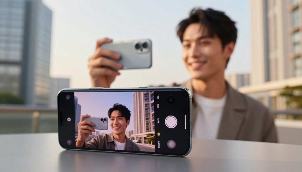 A cutting-edge flagship smartphone is showcased in a sleek, modern environment, emphasizing its advanced front camera technology. In the foreground, the smartphone is positioned at a dynamic angle, displaying its screen with a vibrant, high-resolution selfie preview. The middle ground features a well-dressed individual, smiling confidently as they hold the phone at arm's length, showcasing the optimal selfie experience. The background consists of a stylish urban landscape, softly blurred to keep the focus on the device and the user. Soft, natural lighting enhances the scene, creating a warm and inviting atmosphere while highlighting the camera's capabilities. The overall composition conveys a sense of innovation and modernity, perfectly reflecting the theme of advanced front camera technology for premium smartphones.