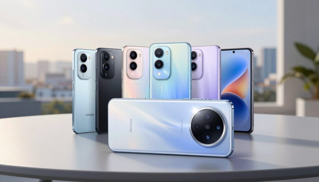 A modern smartphone resting on a sleek, minimalist table, showcasing its front camera features prominently. The foreground highlights the camera lens with a sparkling effect, symbolizing high quality and sharp selfies. In the middle, an artistic arrangement includes various popular smartphones from brands like Vivo, OPPO, and Samsung, each with clear indicators of their front camera specifications. The background features a softly blurred urban landscape, suggesting a lifestyle context ideal for vlogging and selfies. Soft, natural light filters in from the side, creating an elegant ambiance that evokes enthusiasm for capturing moments. The scene is calm yet vibrant, inviting viewers to consider their priorities in choosing a phone based on front camera capabilities.