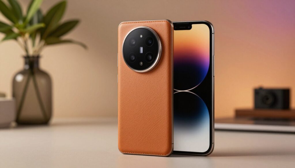 A premium smartphone with a unique vegan leather design, showcasing a sleek and modern aesthetic. The smartphone is centered in the foreground, capturing the intricate texture of the vegan leather back, which displays an elegant matte finish and fine stitching details. The device features a large edge-to-edge display, reflecting the soft ambient light, creating a warm and inviting atmosphere. In the middle ground, a softly blurred, minimalist desk setting complements the phone, featuring a chic vase with fresh greenery and minimalistic tech accessories. The background is softly lit, providing a cozy yet sophisticated feel, with a gentle gradient hinting at a modern workspace. The image conveys a sense of luxury and eco-friendliness, emphasizing innovation in smartphone design.